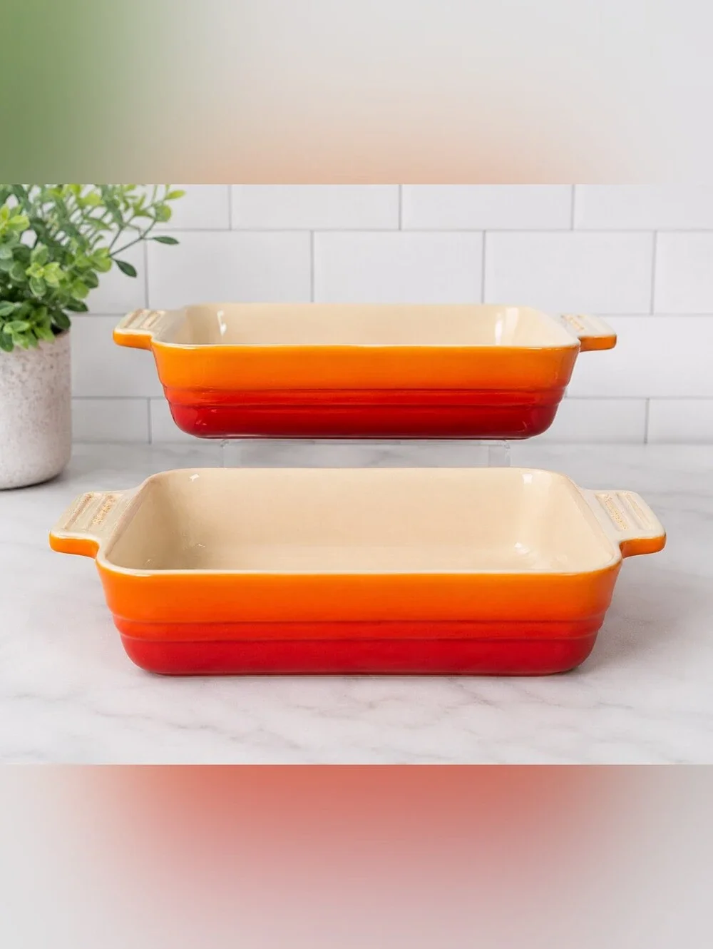 Le Creuset Flame Volcanic Set of 2 Stoneware Rectangular Casserole Dishes 16oz